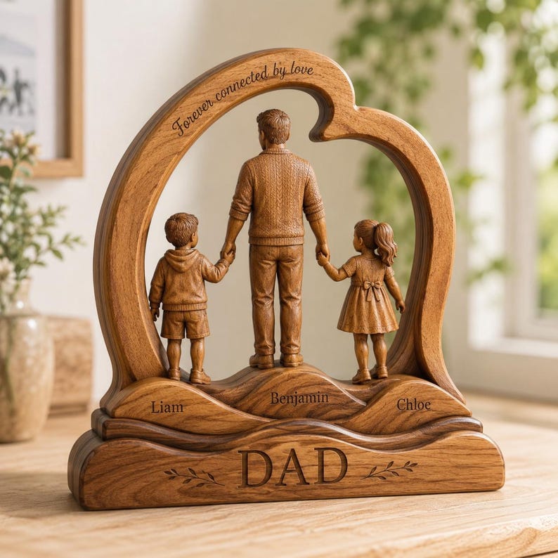 Personalized Dad Wooden Sculpture, Father Child Heart Keepsake, Custom Family Gift