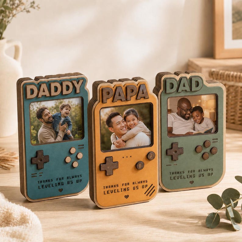 Personalized Gamer Dad Photo Wooden Block, Retro Game Console Frame, Fathers Day Gift