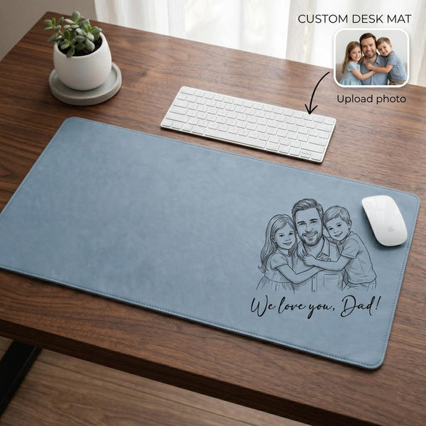 Custom Dad Photo Sketch Line Art Leather Desk Mat, Personalized Father's Day Gift Mouse Mat
