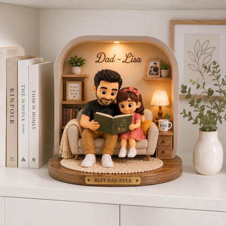 Personalized Dad and Daughter Reading Scene, Custom Father's Day Gift, Wooden Block Decor