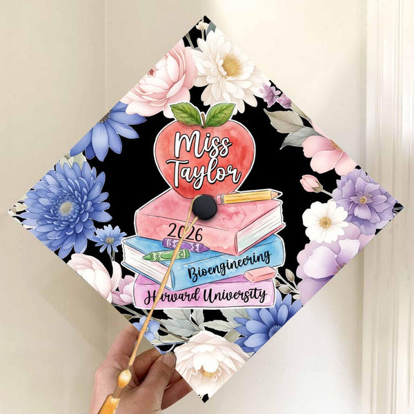 Floral Graduation Cap Topper, Personalized Acrylic Grad Cap, Teacher Education Design