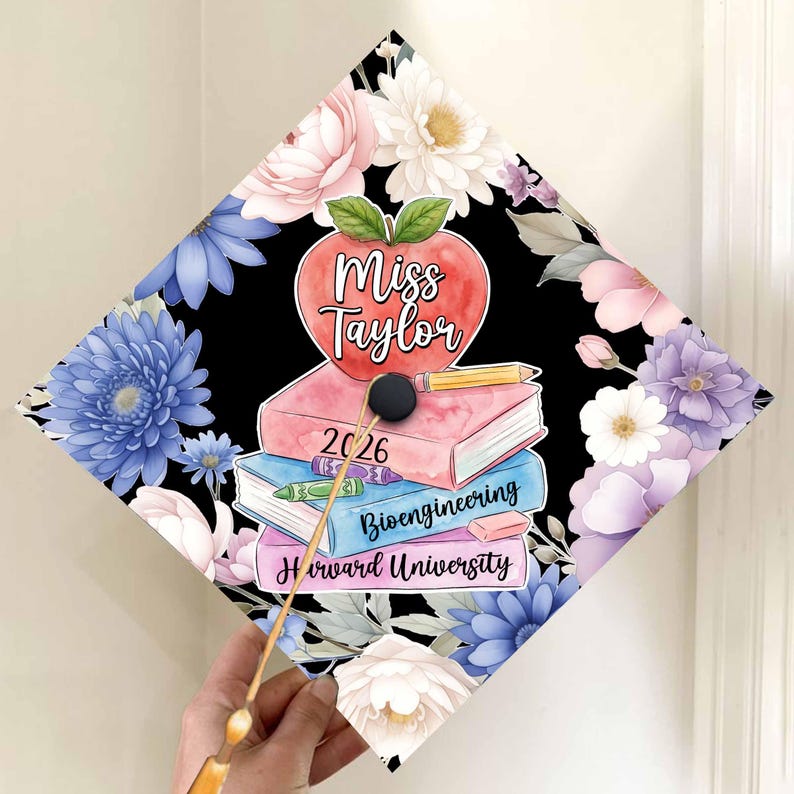 Floral Graduation Cap Topper, Personalized Acrylic Grad Cap, Teacher Education Design