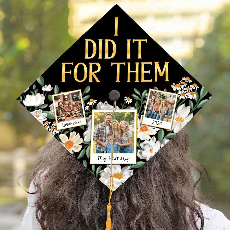 Custom Photo Graduation Cap Topper, Floral Acrylic Decoration, Proud Grad Gift