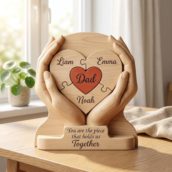Personalized Dad Puzzle Heart Wooden Block, Custom Names Hands Keepsake, Father's Day Gift