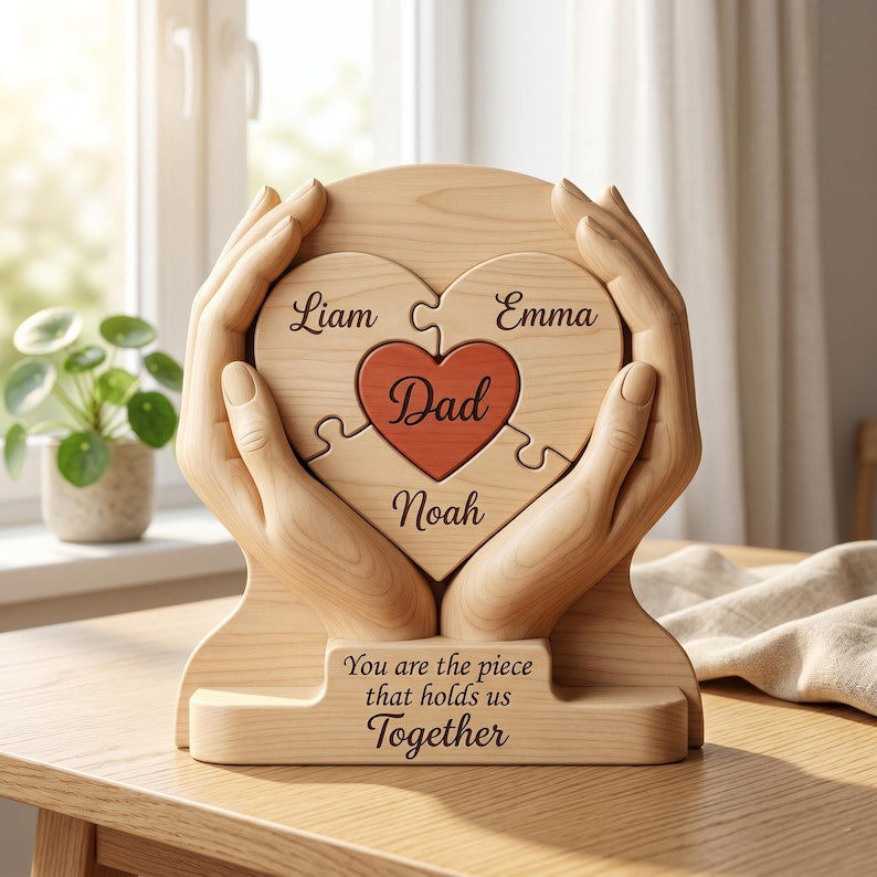 Personalized Dad Puzzle Heart Wooden Block, Custom Names Hands Keepsake, Father's Day Gift