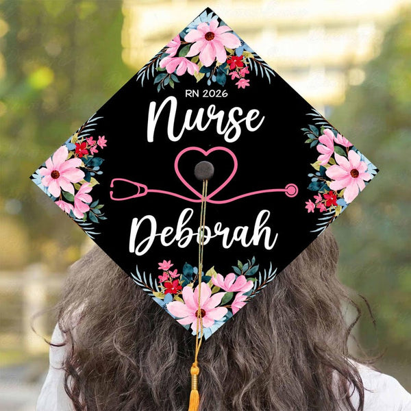 Floral Nurse Graduation Cap Topper, Personalized RN Grad Cap, Acrylic Custom Design