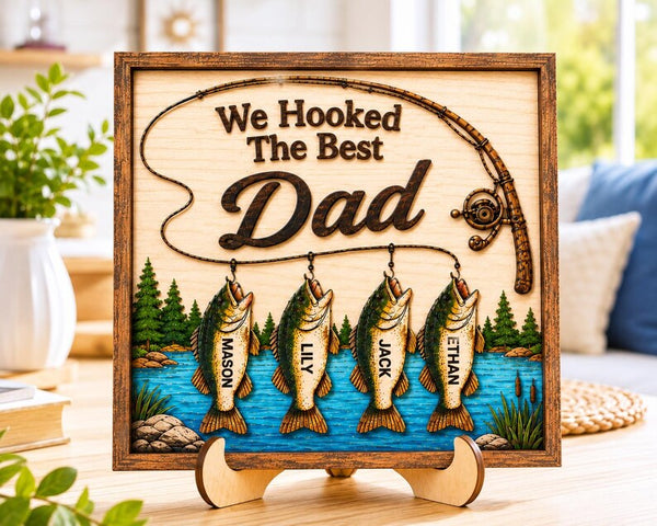 Personalized Fishing Dad Wooden Sign, Custom Kids Names Plaque, Father's Day Gift