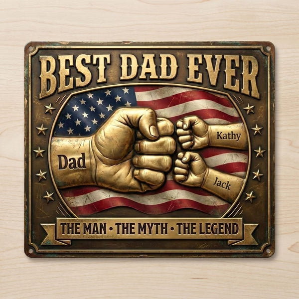 Personalized Metal Sign – Dad Fist Bump, American Flag, Rustic Wall Decor
