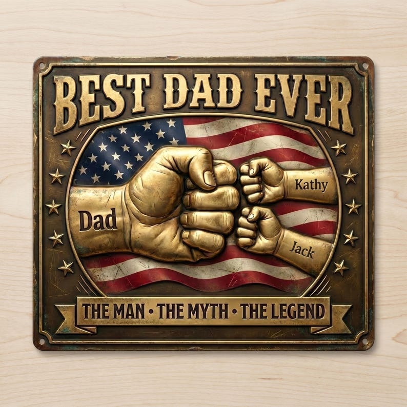 Personalized Metal Sign – Dad Fist Bump, American Flag, Rustic Wall Decor