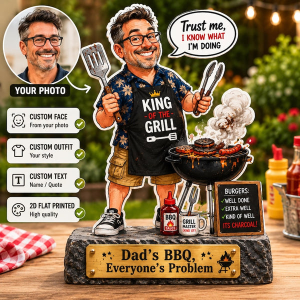 Personalized Dad BBQ Caricature Sign, Custom Photo Grill Master Block, Father's Day Gift