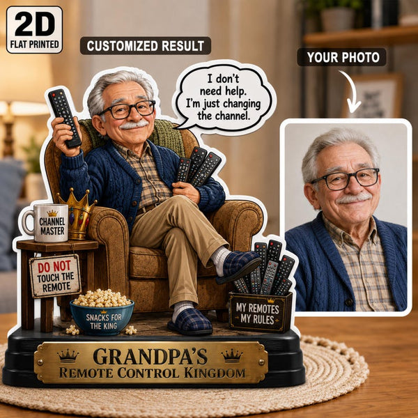 Personalized Grandpa Remote Control Kingdom Wooden Block, Custom Photo Caricature Gift