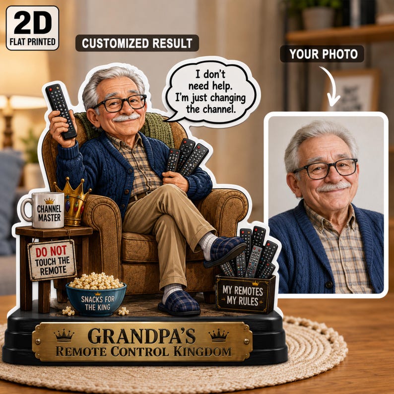 Personalized Grandpa Remote Control Kingdom Wooden Block, Custom Photo Caricature Gift