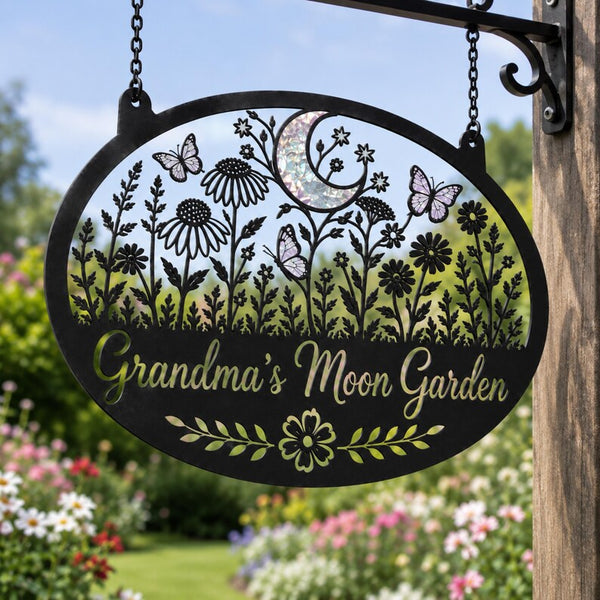 Personalized Moon Garden Metal Sign – Floral Butterfly Yard Art, Grandma's Outdoor Decor
