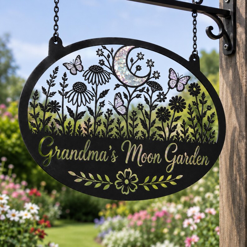 Personalized Moon Garden Metal Sign – Floral Butterfly Yard Art, Grandma's Outdoor Decor