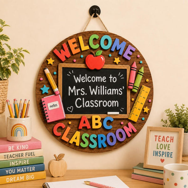Personalized Teacher Classroom Sign, Welcome Back to School Door Hanger, Colorful ABC Decor
