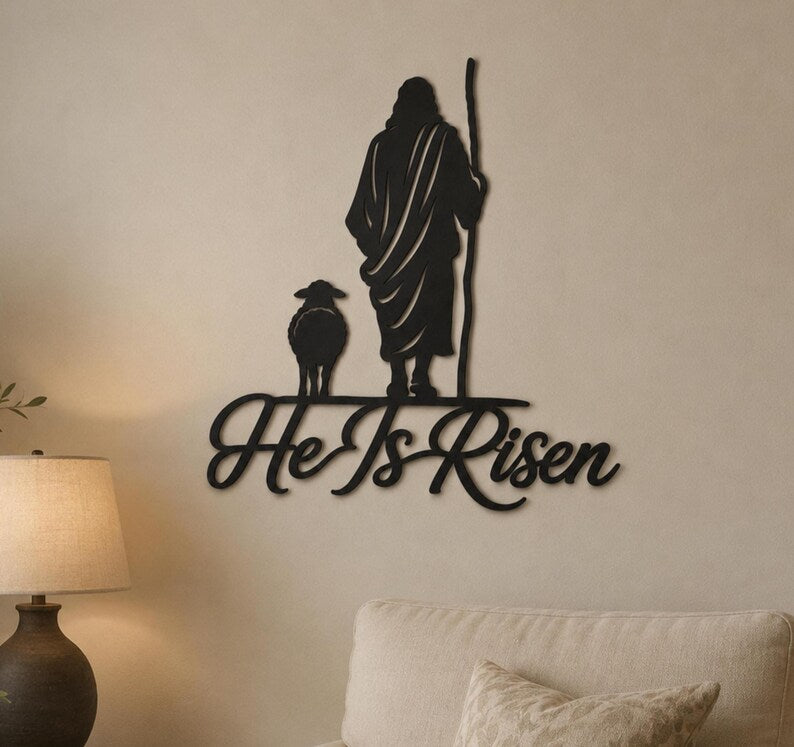 He Is Risen Metal Wall Art – Jesus Lamb Silhouette Christian Decor