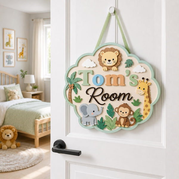 Personalized Safari Kids Room Sign, Jungle Animals Door Hanger, Custom Name Decor