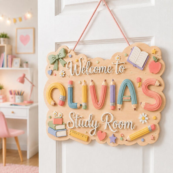 Personalized Study Room Sign, Pastel School Decor, Custom Name Wall Art