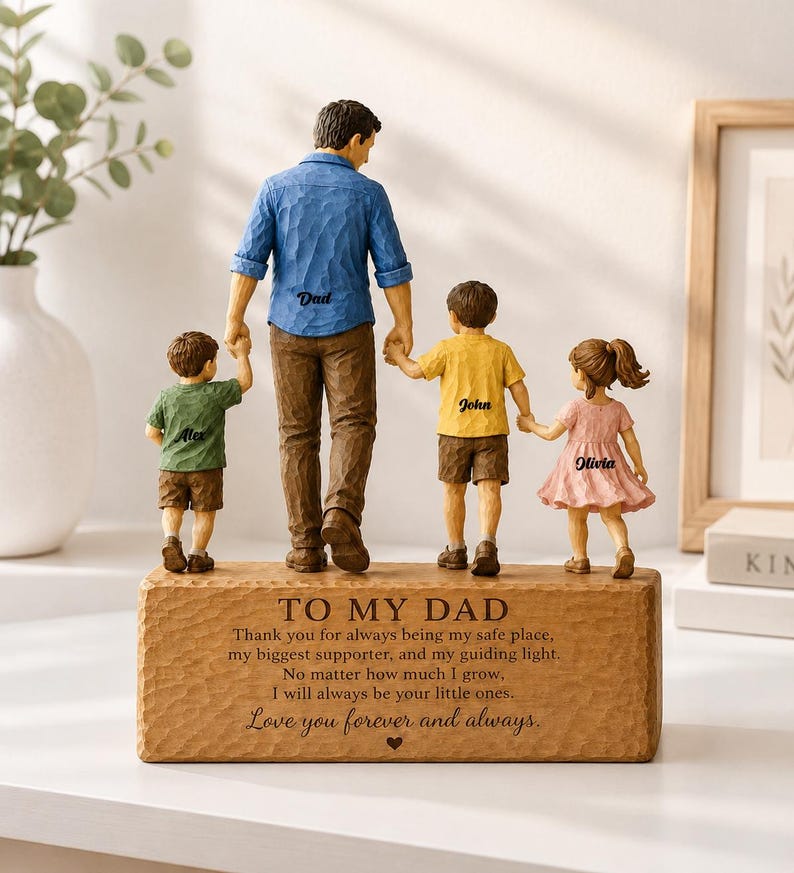 Personalized Dad And Kids Wooden Block, Father's Day Family Keepsake