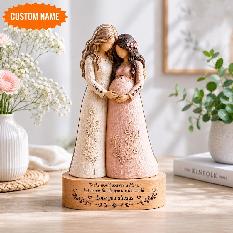 Personalized Mother Daughter Wooden Figurine, Custom Mom Gift, Pregnancy Keepsake Sculpture
