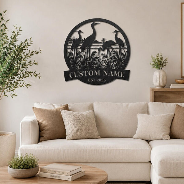 Personalized Crane Metal Art – Custom Name Wildlife Sign, Rustic Nature Decor