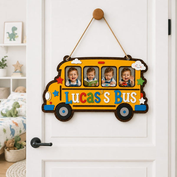 Personalized Wooden School Bus Photo Door Sign, Custom Kids Name Room Decor