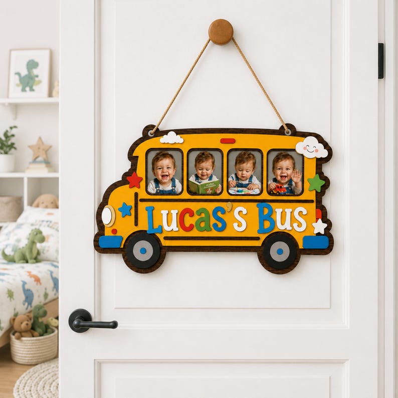 Personalized Wooden School Bus Photo Door Sign, Custom Kids Name Room Decor