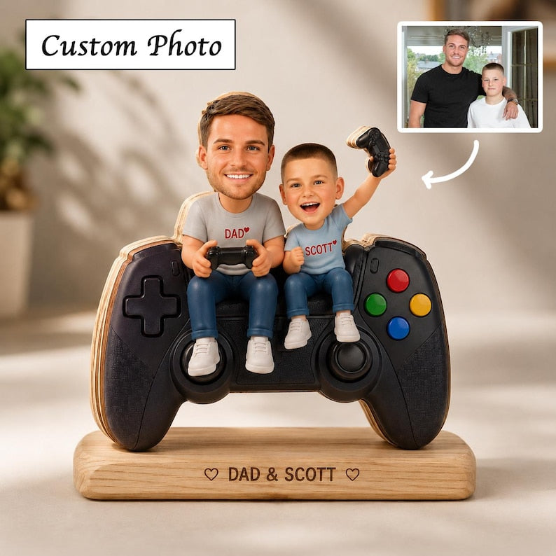 Personalized Gamer Dad Photo Frame, Retro Game Console Wooden Block Keepsake