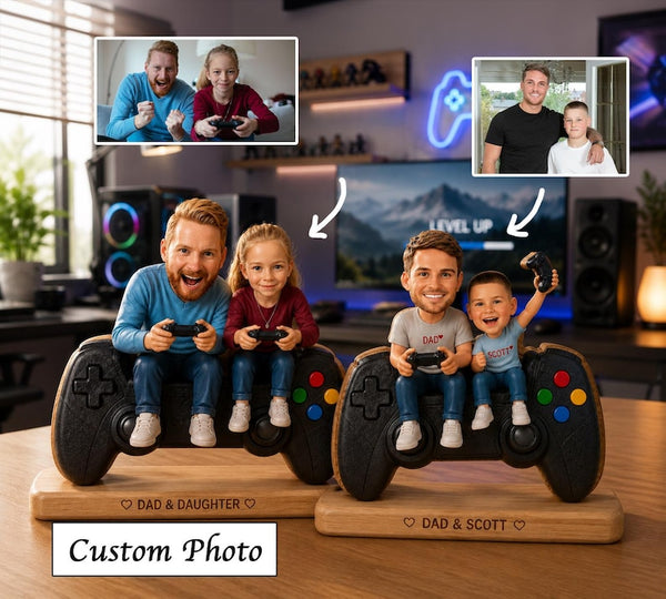Personalized Gamer Dad Photo Frame, Retro Game Console Wooden Block Sign