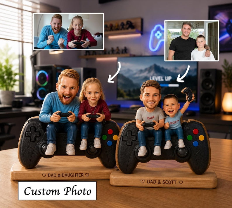 Personalized Gamer Dad Photo Frame, Retro Game Console Wooden Block Sign