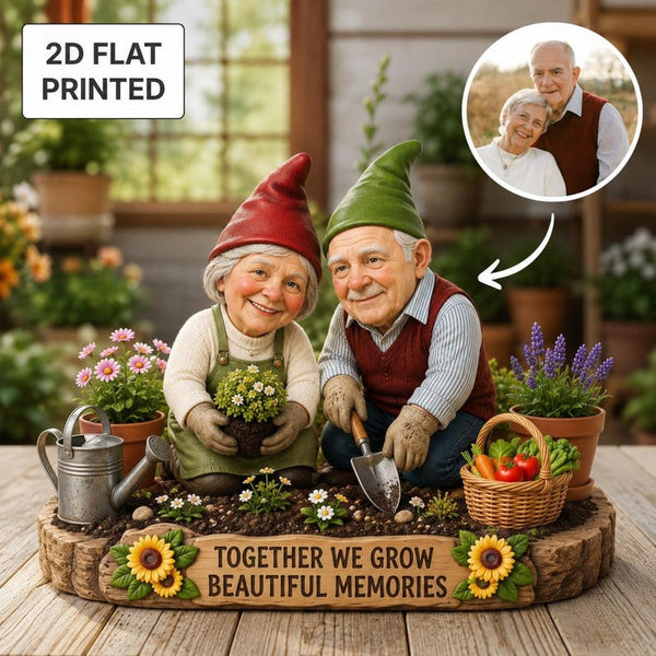 Personalized Garden Gnomes Photo Block, Custom Grandparents Keepsake, 2D Flat Wooden Plaque