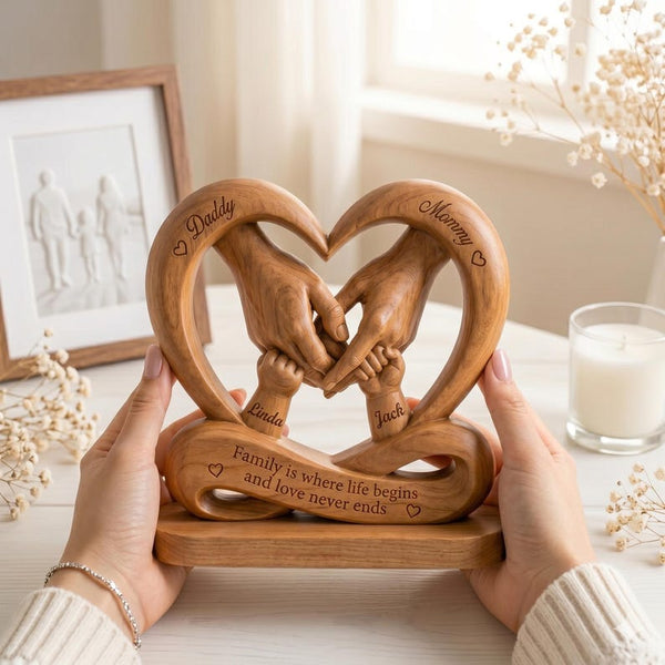 Personalized Wooden Family Hands Heart Keepsake, Custom Love Sculpture Decor