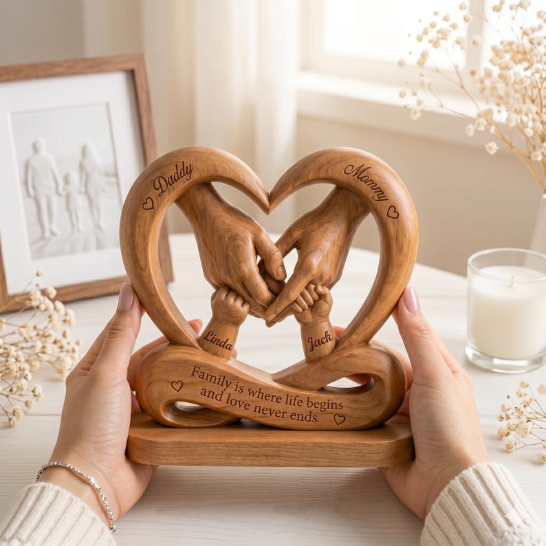 Personalized Wooden Family Hands Heart Keepsake, Custom Love Sculpture Decor