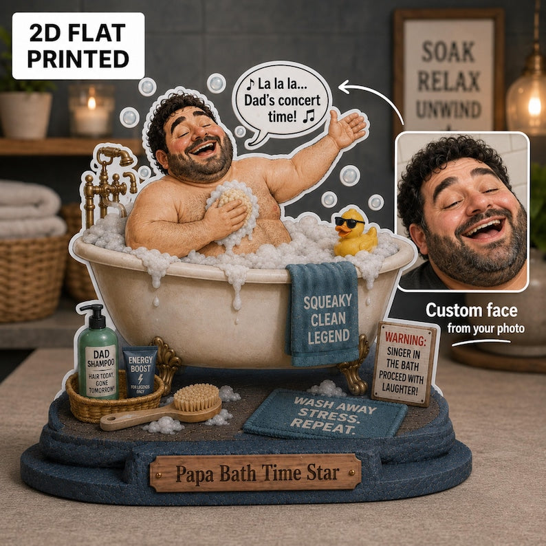 Personalized Papa Bath Time Star Wooden Block Sign, Custom Face Dad Keepsake