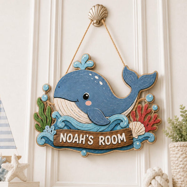 Personalized Whale Door Sign, Custom Ocean Kids Room Name, Nautical Nursery Decor