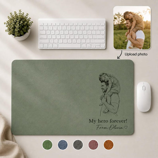 Personalized Dad Photo Sketch Line Art Desk Mat, Father's Day Gift, Leather Mouse Pad
