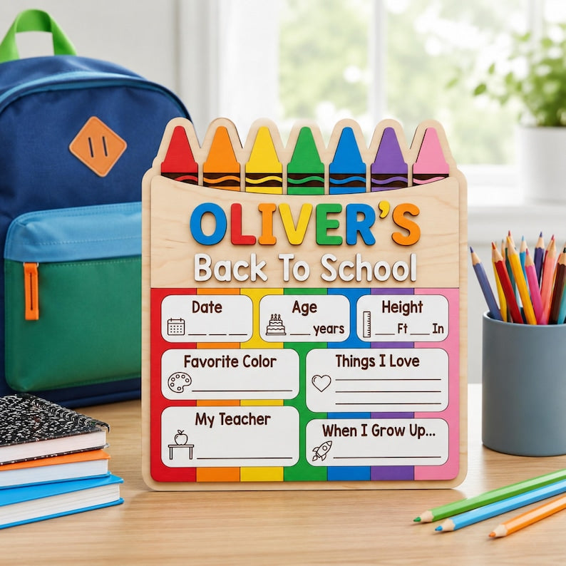 Personalized Crayon Back to School Sign, First Day Milestone Board, Reusable Photo Prop