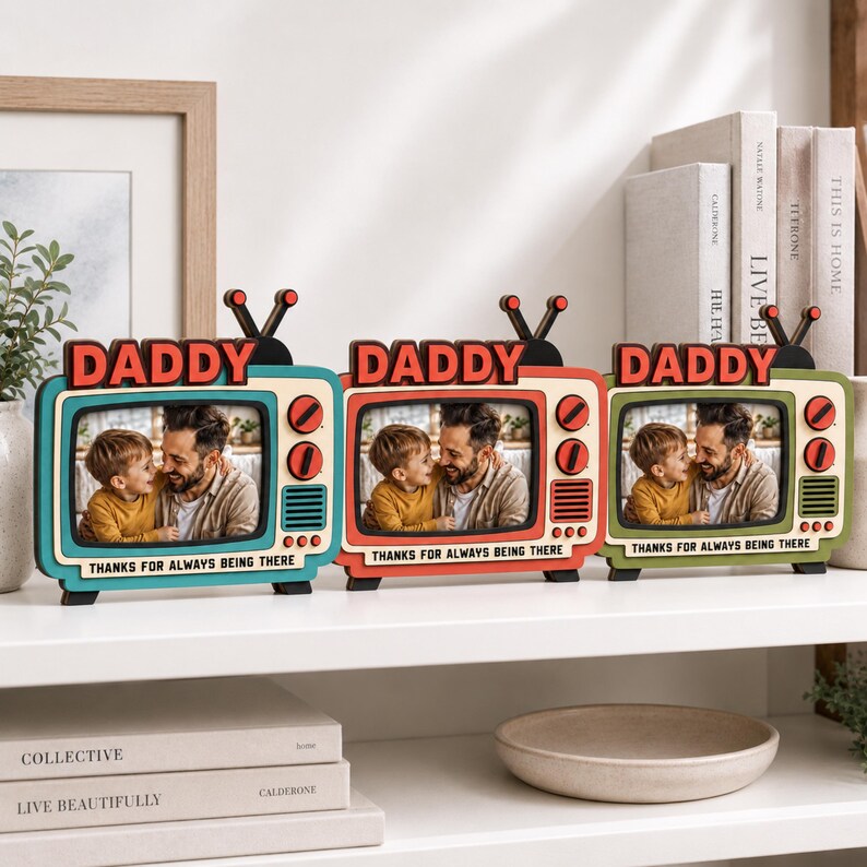 Personalized Retro TV Photo Frame, Custom Wooden Block, Father's Day Gift for Dad