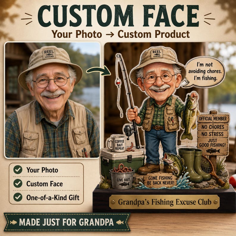 Personalized Grandpa Fishing Sign, Custom Photo Wooden Block, Funny Fishing Gift