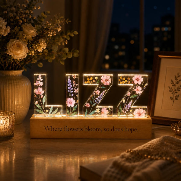 Personalized Floral Name Lamp, Custom Acrylic LED Night Light, Birth Flower Decor