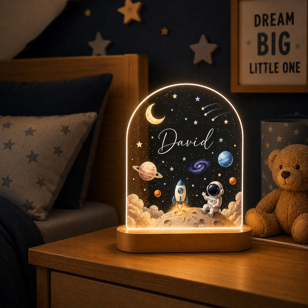 Custom Space Name Night Light, Personalized Astronaut Galaxy Lamp, Wooden Base Bedside Glow