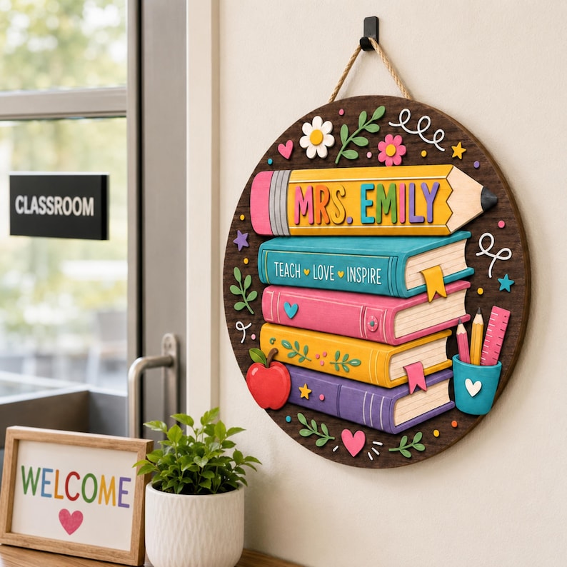 Personalized Teacher Door Sign, Book Stack Pencil Classroom Decor, Wooden Welcome Plaque