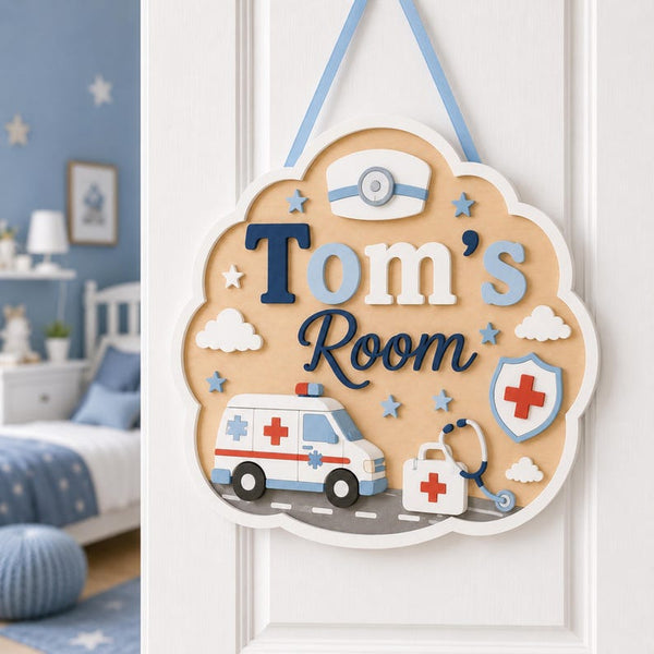 Personalized Kids Room Sign, Ambulance, Stethoscope, Future Doctor Decor