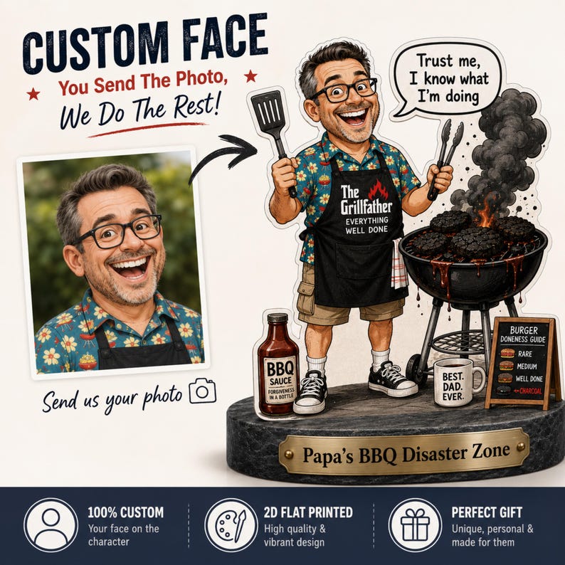 Personalized Papa BBQ Gnome Wooden Block, Custom Photo Grill Master Gift