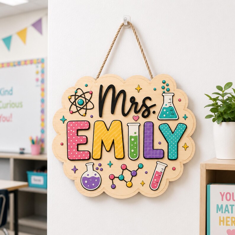 Personalized Science Teacher Wood Sign, Chemistry Classroom Decor, Teacher Name Hanging Art