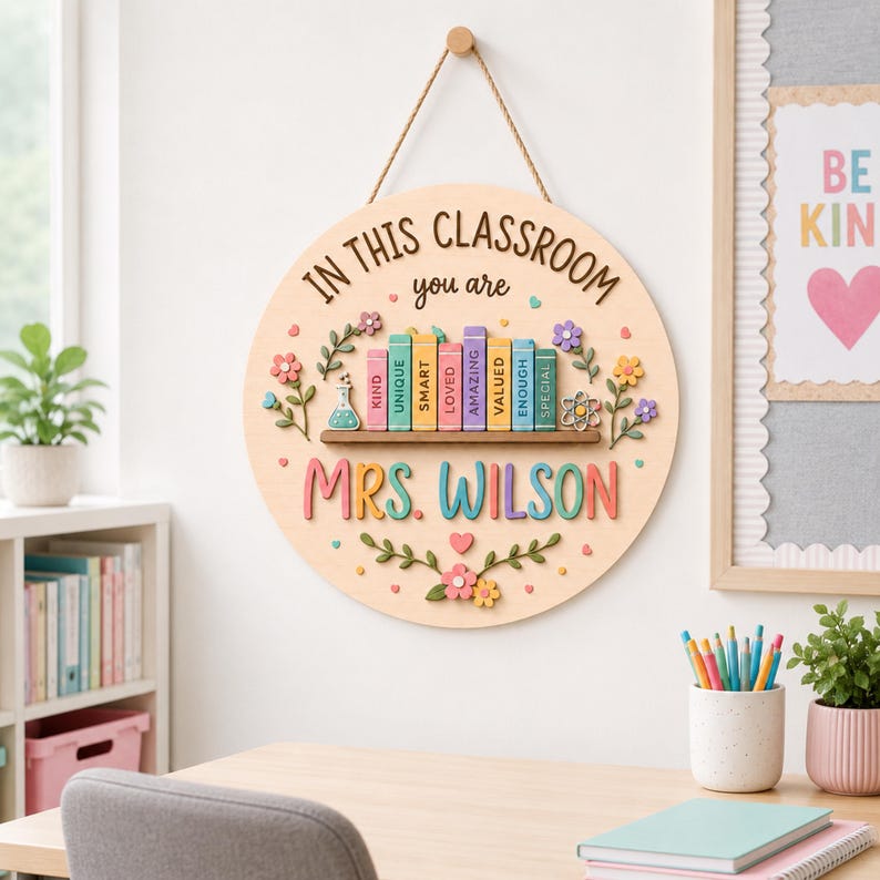 Personalized Teacher Classroom Wood Sign, Round Name Wall Decor, Back to School Gift
