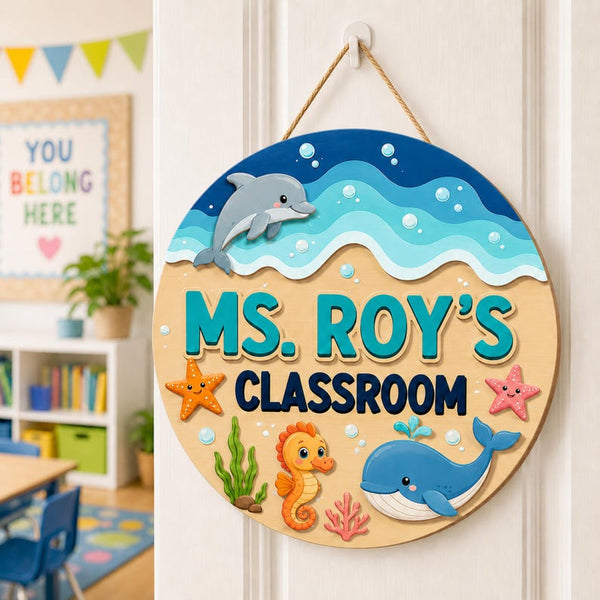 Personalized Ocean Classroom Door Sign, Under the Sea Teacher Decor, Wooden Name Hanger