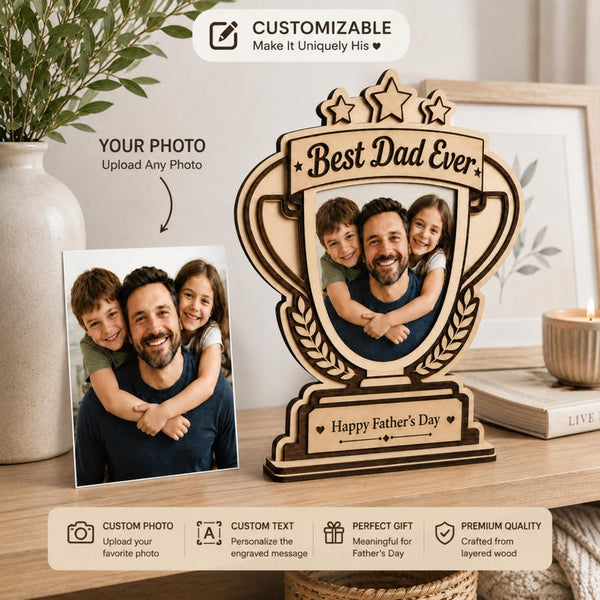 Personalized Photo Wooden Block Sign, Custom Dad Trophy Keepsake, Layered Wood Art
