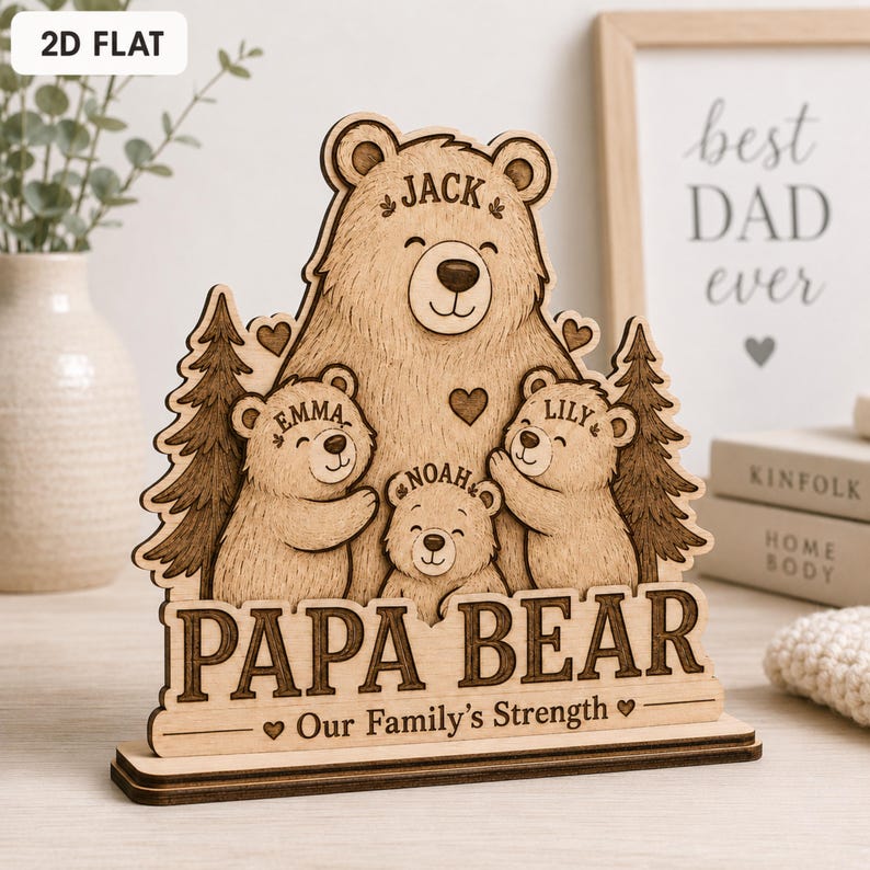 Personalized Papa Bear Family Wooden Block Sign, Custom Dad Keepsake, Woodland Decor