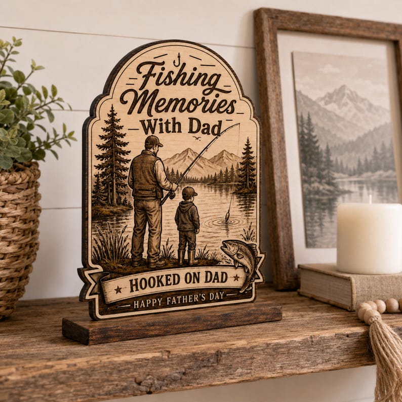 Fishing Memories With Dad Wooden Block Sign, Father's Day Keepsake, Rustic Lakeside Decor
